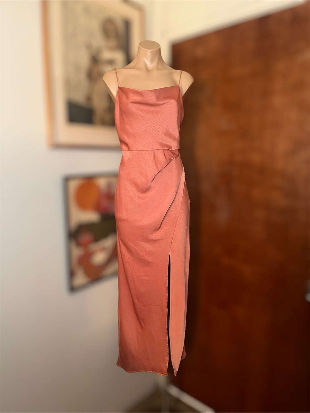 Y2K Blossom Smokey Coral Side Pleat High Slit Wiggle Dress Evening Gown Prom 6